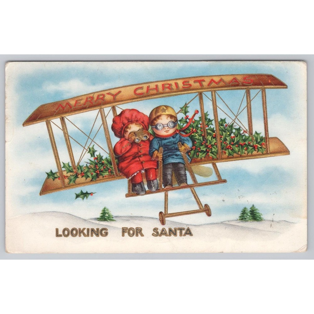 Vintage Christmas Airplane Children Looking for Santa 1915 Aviation Antique